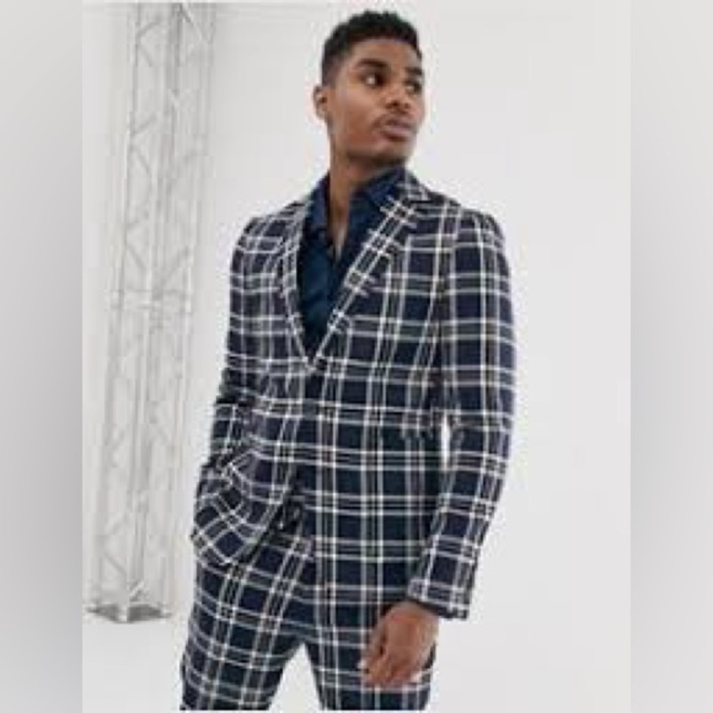 Navy and White Plaid Three Piece Suit
